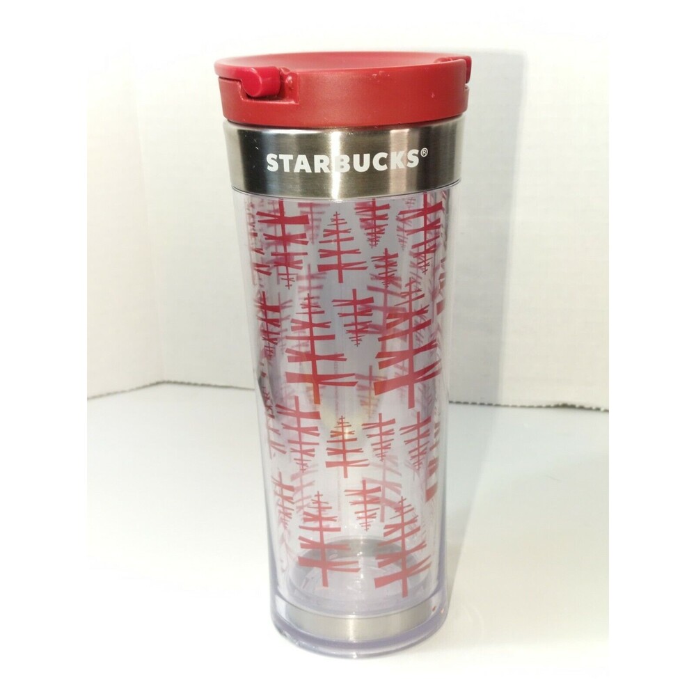 Starbucks Holiday Travel Tumbler 12oz Clear Red Christmas Trees with Sealing Lid